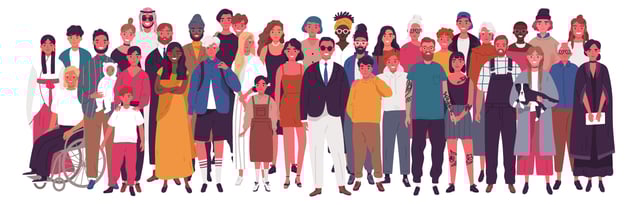An illustration of a crowd of people that are varied in ethnicity, gender and age.