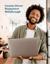 The cover of a resource titled "Income-Driven Repayment Walkthrough". On it a man holds a laptop.
