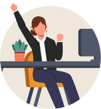 A illustration of a person working at a desk and joyously raising their arm in celebration of an earnings boost.