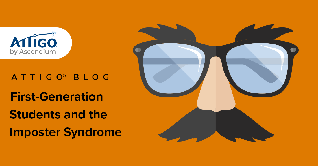 An illustration of a mustache, glasses and nose mask. Text reading: First Generation Students and Imposter Syndrome