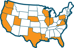 A map of the continental United States with Oregon, Washington, California, Utah, Nebraska, Texas, Louisiana, Wisconsin, Illinois, Indiana, Pennsylvania, Maryland, Virginia and Florida highlighted.