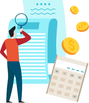 An illustration of a person holding a magnifying glass and standing in front of oversized coins, calculator and bills