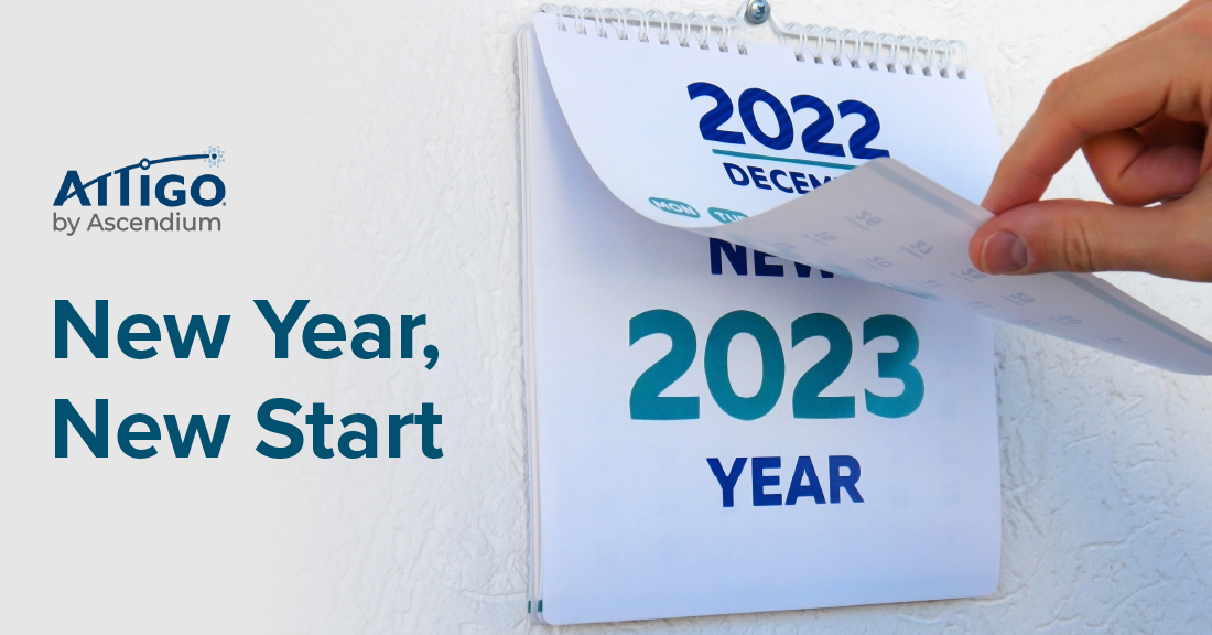 Attigo by Ascendium logo and text overlay that says New Year, New Start next to a hand flipping calendar page from 2022 to 2023