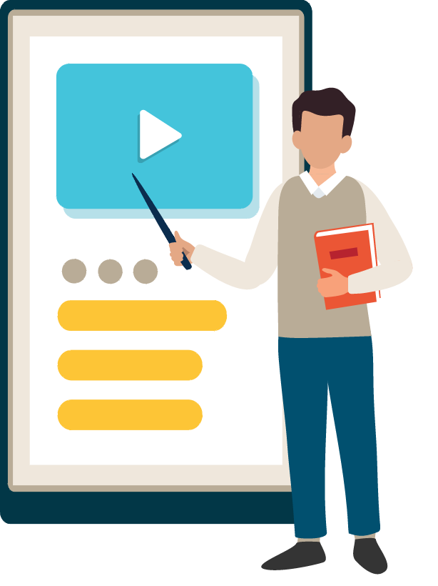 A teach holding a book and pointer gestures to a giant tablet with a video play button