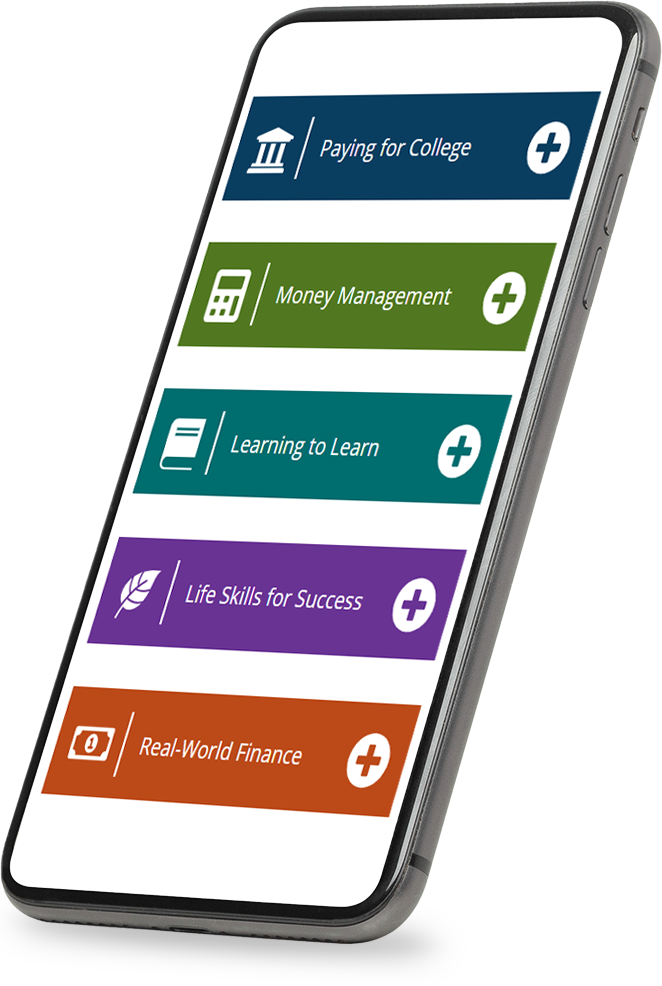 GradReady web tool on smartphone screen. Buttons for: Paying for college, Money Management, Learning to Learn, Life Skills for Success and Real-World Finance