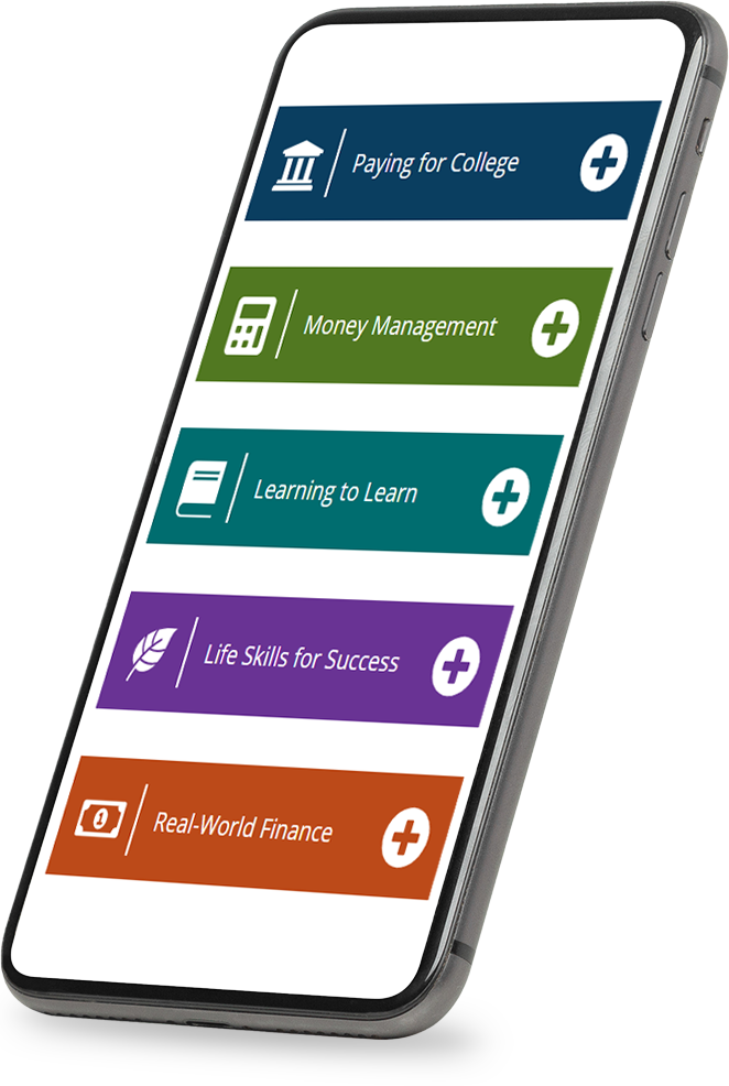 GradReady web tool on smartphone screen. Buttons for: Paying for college, Money Management, Learning to Learn, Life Skills for Success and Real-World Finance