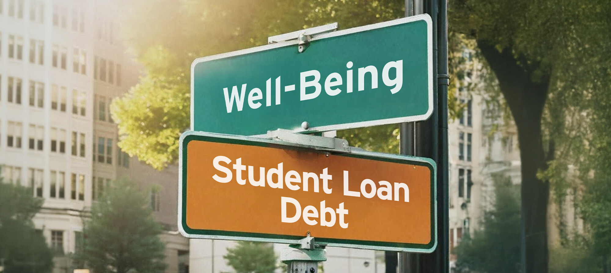 A street sign showing well-being and student loan debat A street sign showing well-being and student loan debat