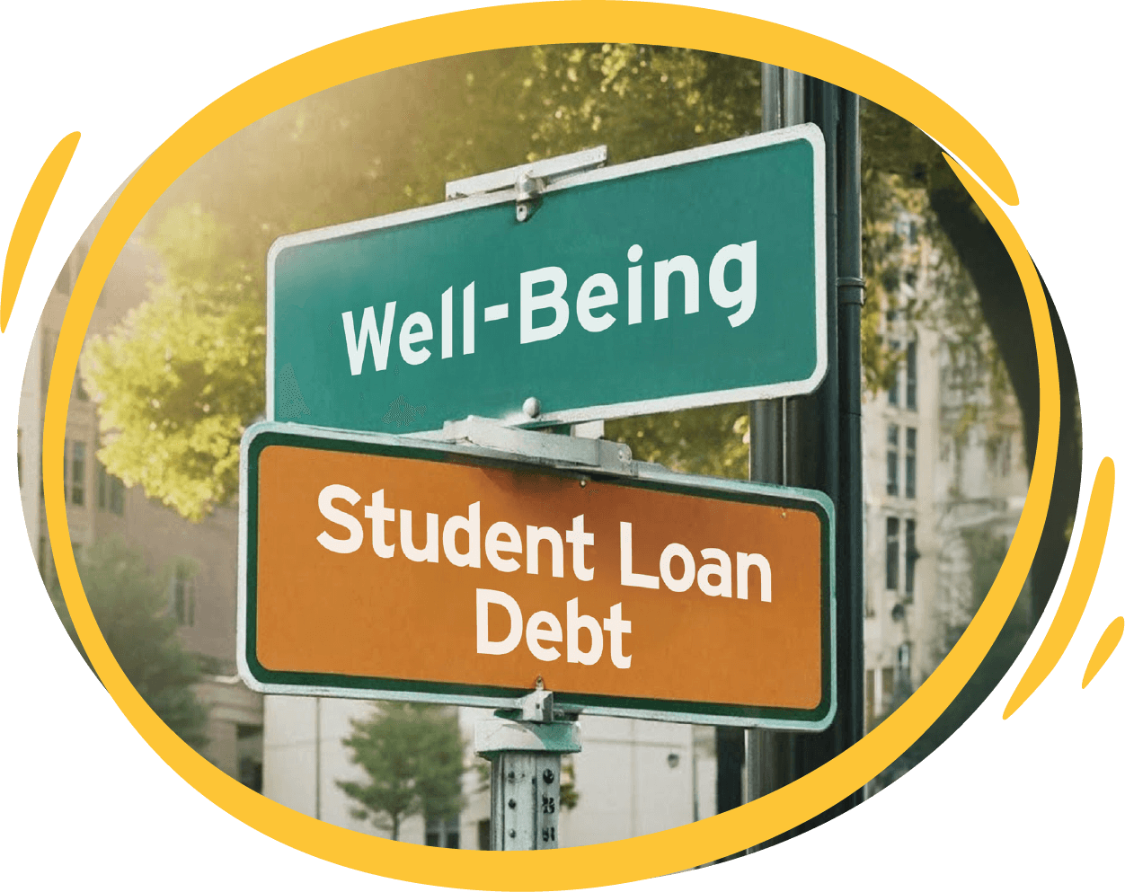 street sign with well-being and student loan debt
